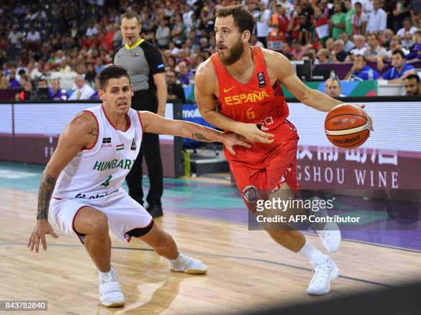 Andras Rujak of Hungary vies with Sergio Rodriguez of Spain during Group C of the FIBA Eurobasket 2017 mens basketball match between Hungary and...