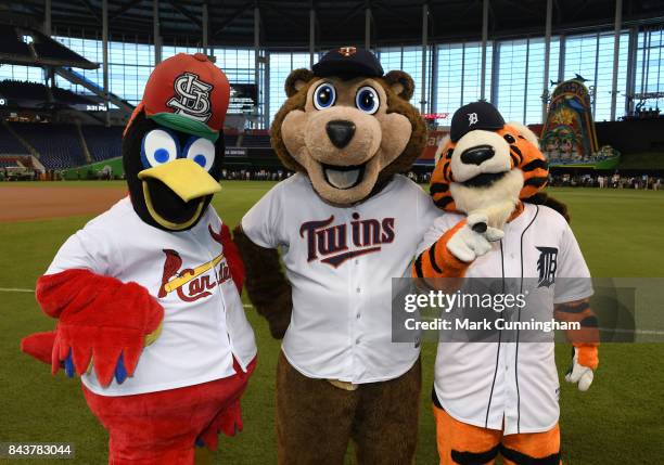 Major League Baseball mascots Fredbird , T. C. Bear and Paws pose for a photo during the 2017 Gatorade All-Star Workout Day at Marlins Park on July...