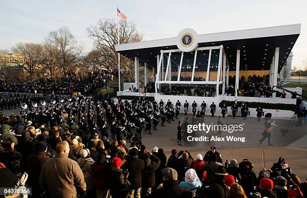 Marching bands from the United States Armed Forces pass the Presidential Reviewing Stand at the Inaugural Parade January 20, 2009 in Washington, DC....