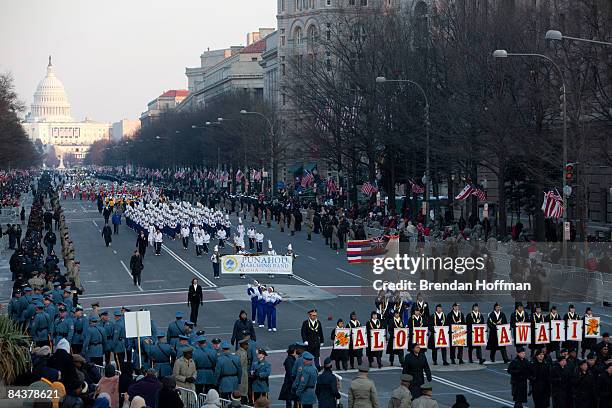 The Punahou High School Marching Band, President Barack Obama's alma mater, marches in the Inaugural Parade down Pennsylvania Avenue on January 20,...