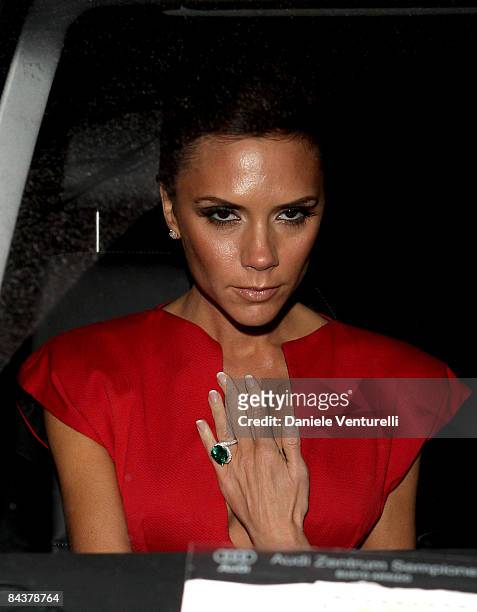 Victoria Beckham departs the "My Sky HD Wears Fendi" cocktail party as part of Milan Fashion Week Autumn/Winter 2009/2010 Menswear on January 20,...