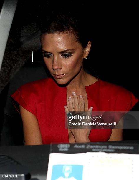 Victoria Beckham departs the "My Sky HD Wears Fendi" cocktail party as part of Milan Fashion Week Autumn/Winter 2009/2010 Menswear on January 20,...
