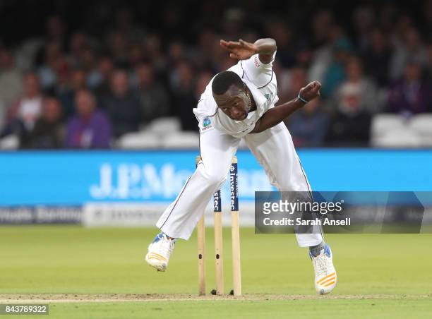 Kemar Roach of West Indies bowls during day one of the 1st Investec Test match between England and West Indies at Lord's Cricket Ground on September...