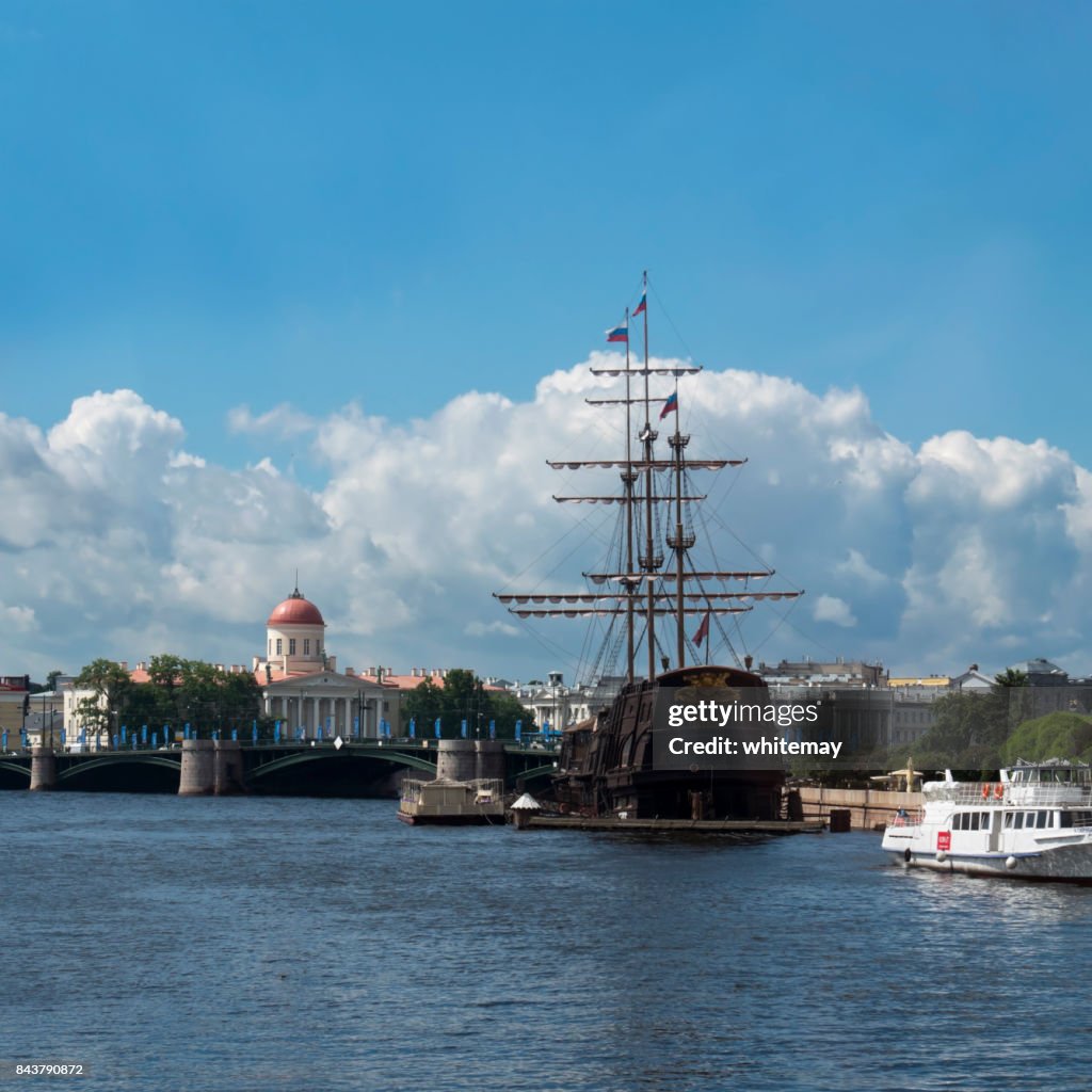 Pushkin House and sailing ship restaurant on the River Malaya Neva, St Petersburg