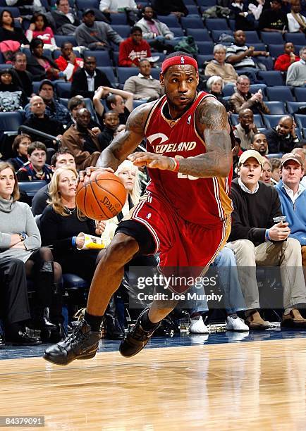 LeBron James of the Cleveland Cavalier drives the ball to the basket during the game against the Memphis Grizzlies on January 13, 2009 at FedExForum...