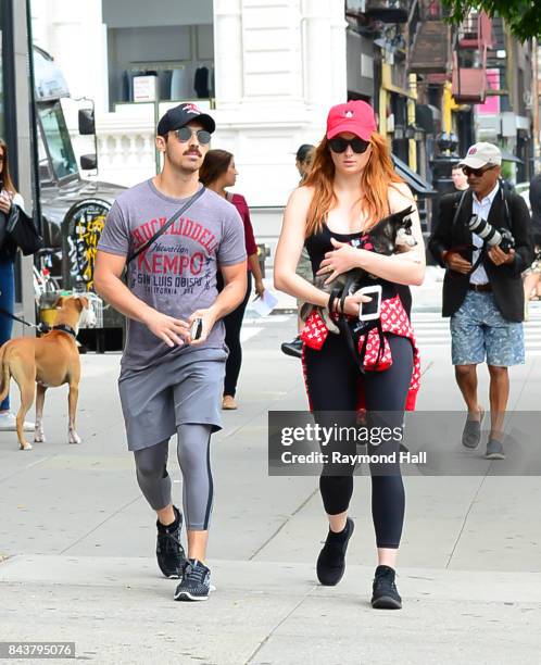 Model Joe Jonas and Sophie Turner walk their dog in soho on September 7, 2017 in New York City.