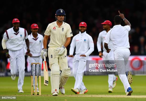 Alastair Cook of England leaves the field after being dismissed by Kemar Roach of the West Indiesn during day one of the 3rd Investec Test Match...