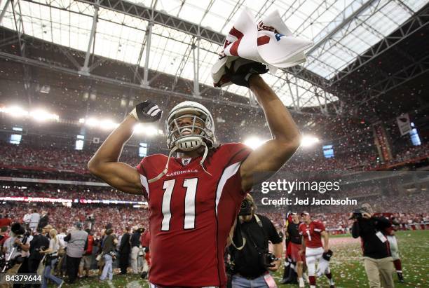 Wide receiver Larry Fitzgerald of the Arizona Cardinals celebrates after winning the NFC championship game against the Philadelphia Eagles on January...