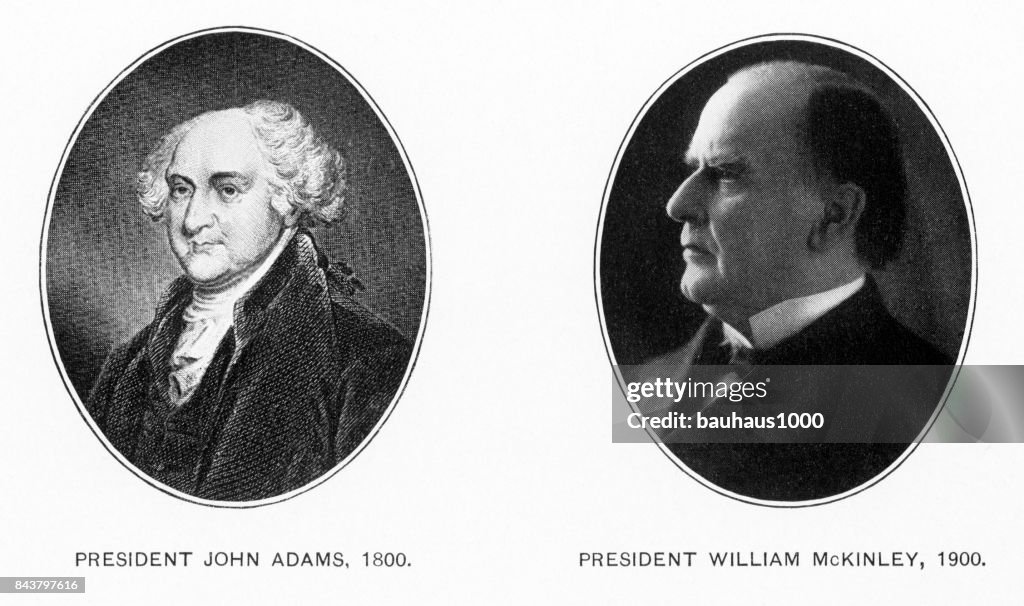 Early Illustration of Presidents John Adams and William McKinley, Antique American Illustration, 1900
