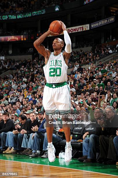Ray Allen of the Boston Celtics shoots a jump shot during the game against the New York Knicks at The TD Banknorth Garden on December 21, 2008 in...