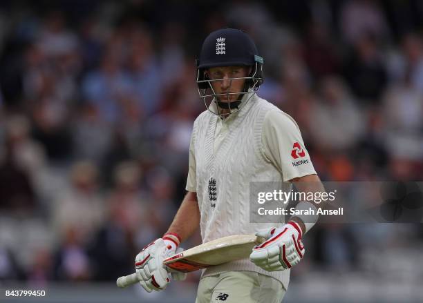 Joe Root of England walks off after being dismissed by Jason Holder of West Indies with England on 24-4 during day one of the 1st Investec Test match...