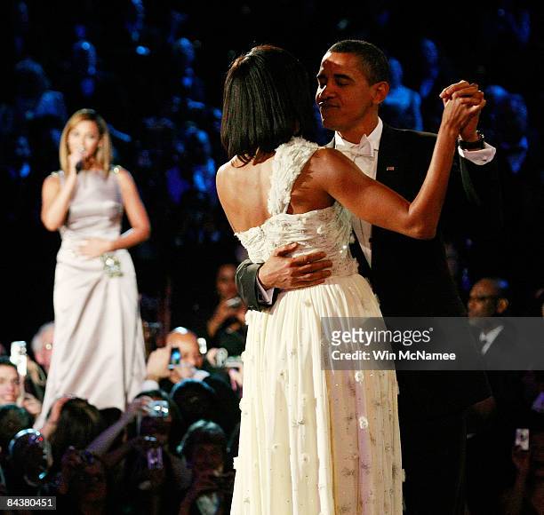 President Barack Obama dances with his wife and First Lady Michelle Obama as Beyonce sings "At Last" during the first Inaugural Ball on January 20,...