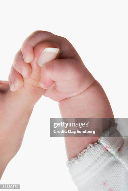 baby girl, 8 days old, holding her mother's thumb - dag 2 foto e immagini stock