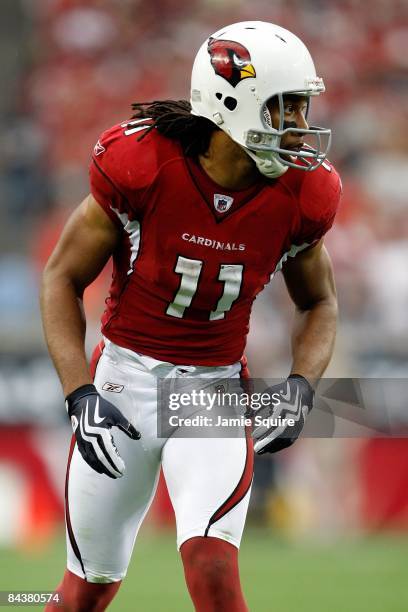 Wide receiver Larry Fitzgerald of the Arizona Cardinals looks on against the Philadelphia Eagles during the NFC championship game on January 18, 2009...