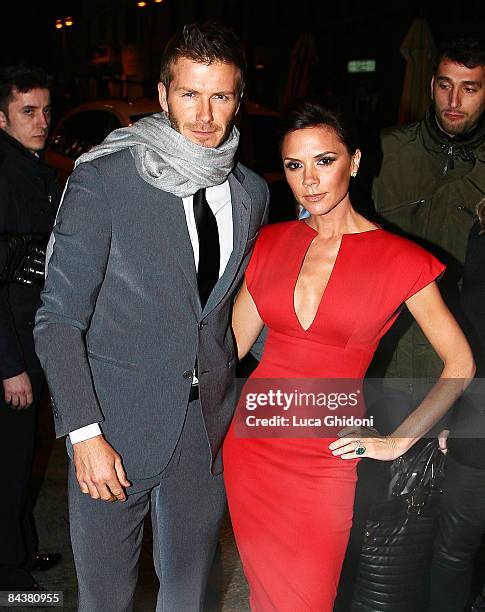 David Beckham and his wife Victoria Beckham arrive at the Vogue party on January 20, 2009 in Milan, Italy.