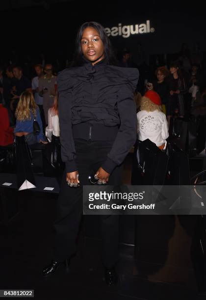 Singer/songwriter Oyinda attends the Desigual fashion show during New York Fashion Week at Gallery 1, Skylight Clarkson Sq on September 7, 2017 in...