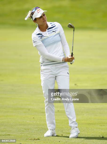 Lexi Thompson hits her second shot on the 9th hole during the first round of the Indy Women In Tech Championship-Presented By Guggenheim at the...
