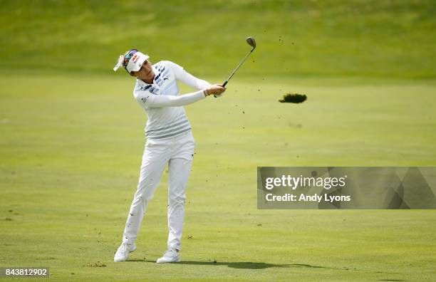 Lexi Thompson hits her second shot on the 9th hole during the first round of the Indy Women In Tech Championship-Presented By Guggenheim at the...