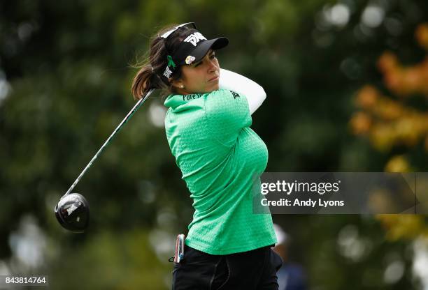 Gerina Piller hits her tee shot on the 9th hole during the first round of the Indy Women In Tech Championship-Presented By Guggenheim at the...