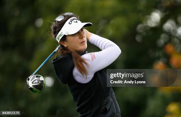 Sandra Gal of Germany hits her tee shot on the 9th hole during the first round of the Indy Women In Tech Championship-Presented By Guggenheim at the...