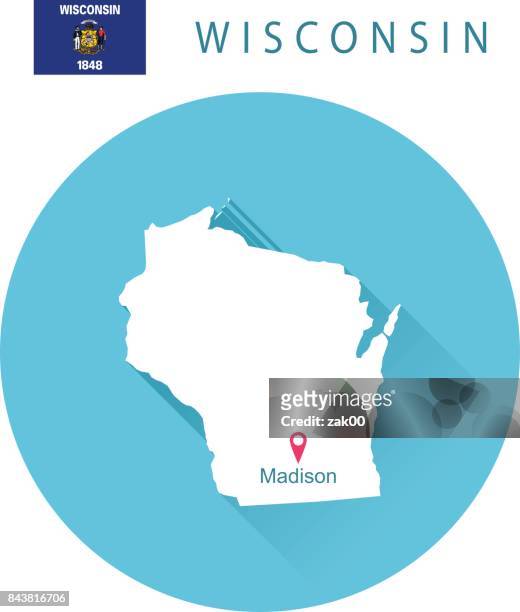 ilustraciones, imágenes clip art, dibujos animados e iconos de stock de estados unidos mapa del estado de wisconsin y bandera - madison wisconsin