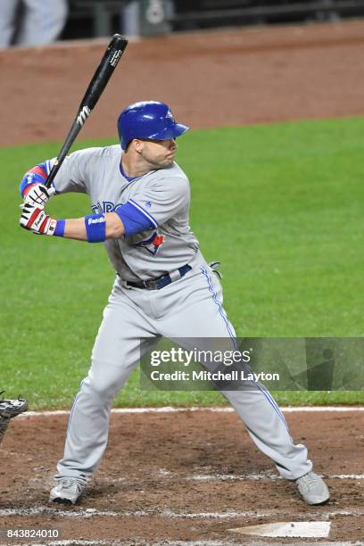 Steve Pearce of the Toronto Blue Jays prepares for a pitch during a baseball game against the Baltimore Orioles at Oriole Park at Camden Yards on...