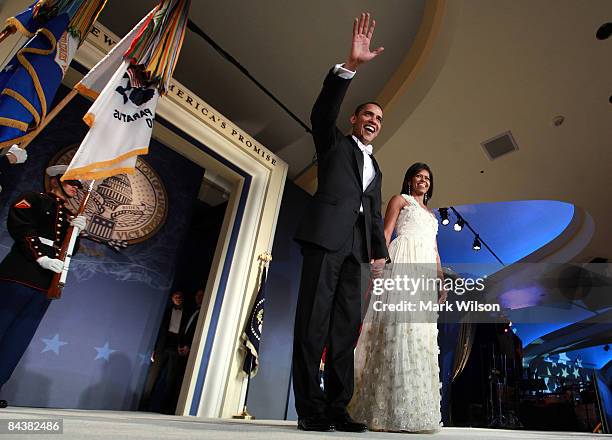 President Barack Obama and his wife First Lady Michelle Obama arrive on stage during MTV & ServiceNation: Live From The Youth Inaugural Ball at the...