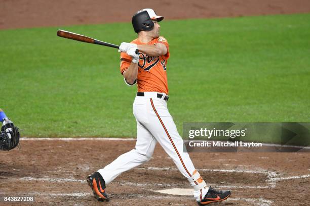 Seth Smith of the Baltimore Orioles takes a swing during a baseball game against the Toronto Blue Jays at Oriole Park at Camden Yards on September 2,...