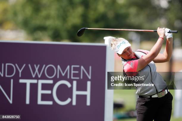 Golfer Brooke Henderson tees off on the 10th hole during the first round of the Indy Women In Tech on September 7, 2017 at the Brickyard Crossing...
