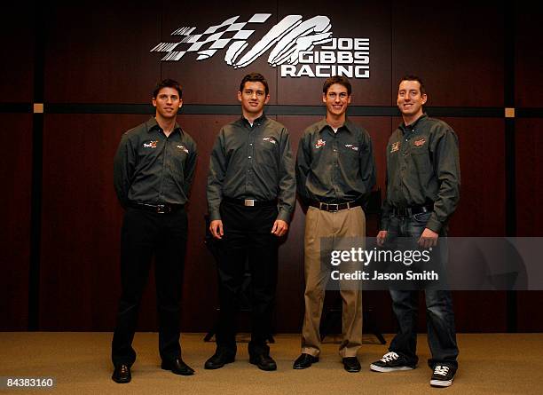 Joe Gibbs Racing drivers Denny Hamlin, driver of the FedEx Toyota, Brad Coleman, driver of the Nationwide Series Toyota, Joey Logano, driver of the...