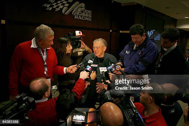 Team owner and coach Joe Gibbs speaks with the media during the NASCAR Sprint Media Tour hosted by Lowe's Motor Speedway on January 20, 2009 at Joe...