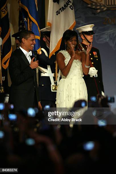 President Barack Obama and his wife First Lady Michelle Obama arrive on stage during MTV & ServiceNation: Live From The Youth Inaugural Ball at the...