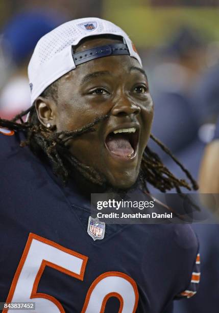 Danny Trevathan of the Chicago Bears celebrates a teammates play against the Cleveland Browns during a preseason game at Soldier Field on August 31,...