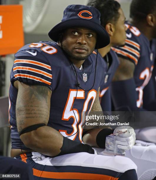 Jerrell Freeman of the Chicago Bears is seen on the sidelines during a preseason game against the Cleveland Browns at Soldier Field on August 31,...