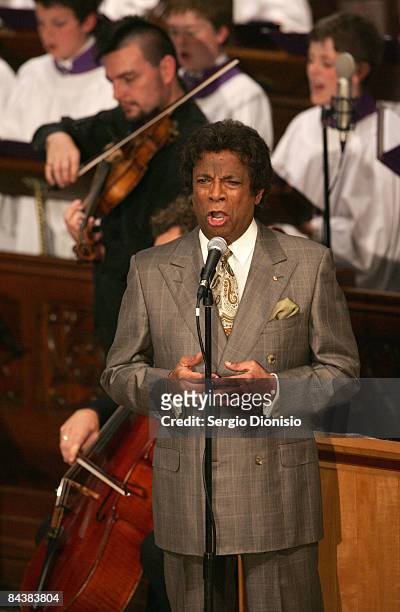 Australian musician Kamahl performs Amazing Grace at the State Funeral for the late Nancy Bird-Walton AO OBE at St Andrew's Cathedral on January 21,...