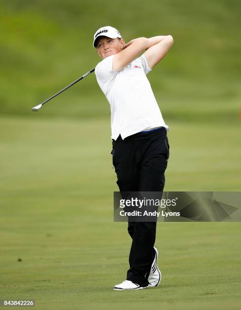 Stacy Lewis hits her second shot on the 8th hole during the first round of the Indy Women In Tech Championship-Presented By Guggenheim at the...