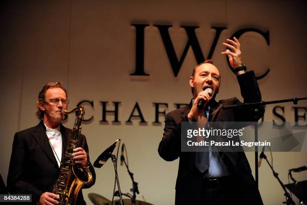 Kevin Spacey performs with John Helliwell of Creme Anglaise at the IWC Schaffhausen Private Dinner Reception held at the Batiment des Forces Motrices...