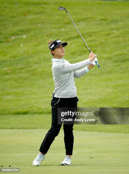 Lydia Ko of New Zealand of New Zealand hits her second shot on the 9th hole during the first round of the Indy Women In Tech Championship-Presented...