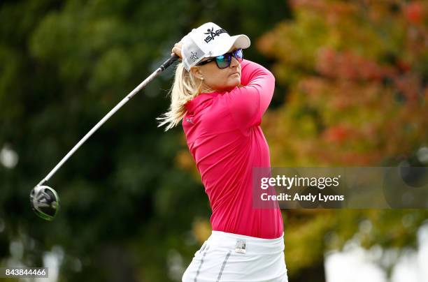 Anna Nordqvist of Sweden hits her tee shot on the 9th hole during the first round of the Indy Women In Tech Championship-Presented By Guggenheim at...