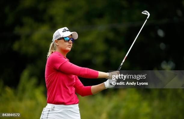 Anna Nordqvist of Sweden hits her tee shot on the 7th hole during the first round of the Indy Women In Tech Championship-Presented By Guggenheim at...