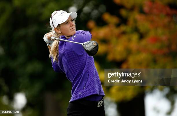 Amy Olson hits her tee shot on the 9th hole during the first round of the Indy Women In Tech Championship-Presented By Guggenheim at the Brickyard...