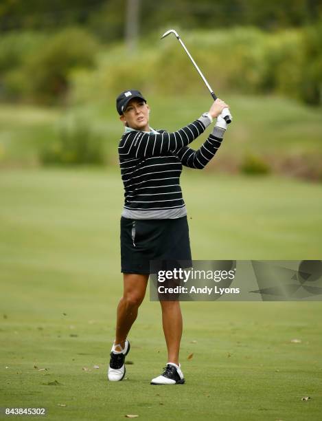 Cristie Kerr hits her second shot on the 6th hole during the first round of the Indy Women In Tech Championship-Presented By Guggenheim at the...