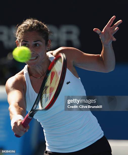 Virginia Ruano Pascual of Spain plays a forehand in her second round match against Caroline Wozniacki of Denmark during day three of the 2009...