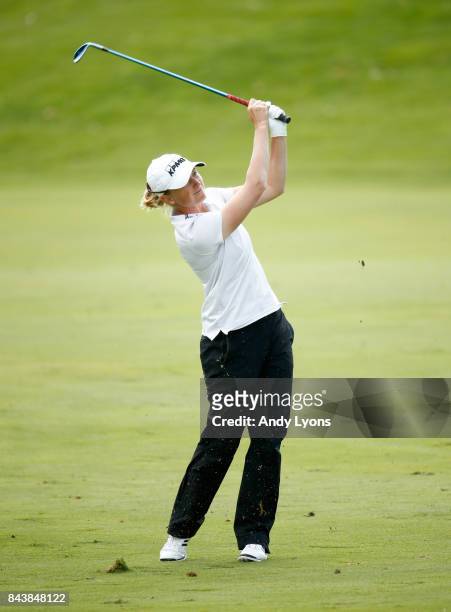 Stacy Lewis hits her second shot on the 9th hole during the first round of the Indy Women In Tech Championship-Presented By Guggenheim at the...