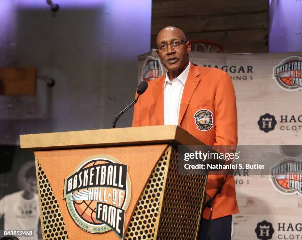 Inductee George McGinnis speaks during the Class of 2017 Press Event as part of the 2017 Basketball Hall of Fame Enshrinement Ceremony on September...