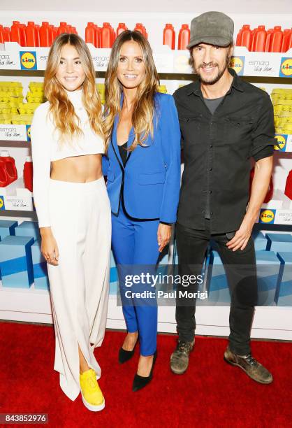 Influencer Stefanie Giesinger, Heidi Klum, and Art Director Thomas Hayo attend the Esmara By Heidi Klum Lidl Fashion Presentation at New York Fashion...