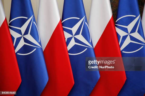 And Polish flags are seen at the Chancellery ahead of the meeting between NATO Secretary General Jens Stoltenberg and Polish PM Beata Szydlo on 25...