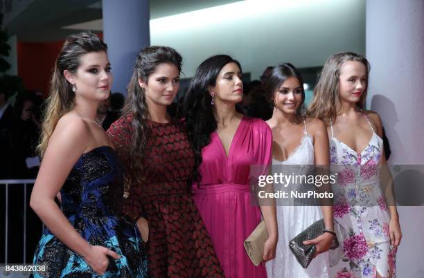 Venice, Italy. 07 September, 2017: Ophelie Bau, Mel Einda El Asfour, Hafsia Herzi, Lou Luttiau and Alexia Chardard walks the red carpet ahead of the...