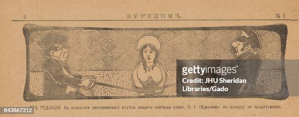 Cartoon from the Russian satirical journal Burelom depicting a peasant woman with a rope wrapped around her that is being pulled by a government...