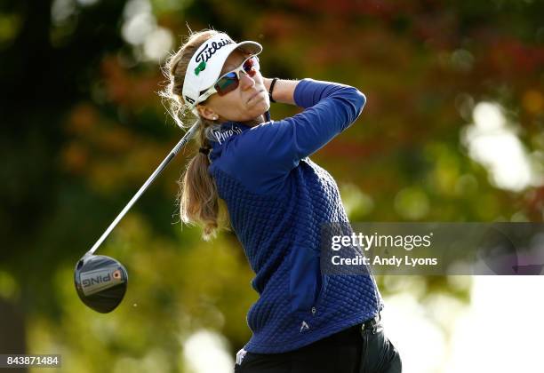 Kris Tamulis hits her tee shot on the 9th hole during the first round of the Indy Women In Tech Championship-Presented By Guggenheim at the Brickyard...